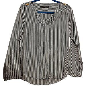 Zara Basic Womens Striped Long Sleeve Blouse With V-Neck & Gold Stud Accents Siz